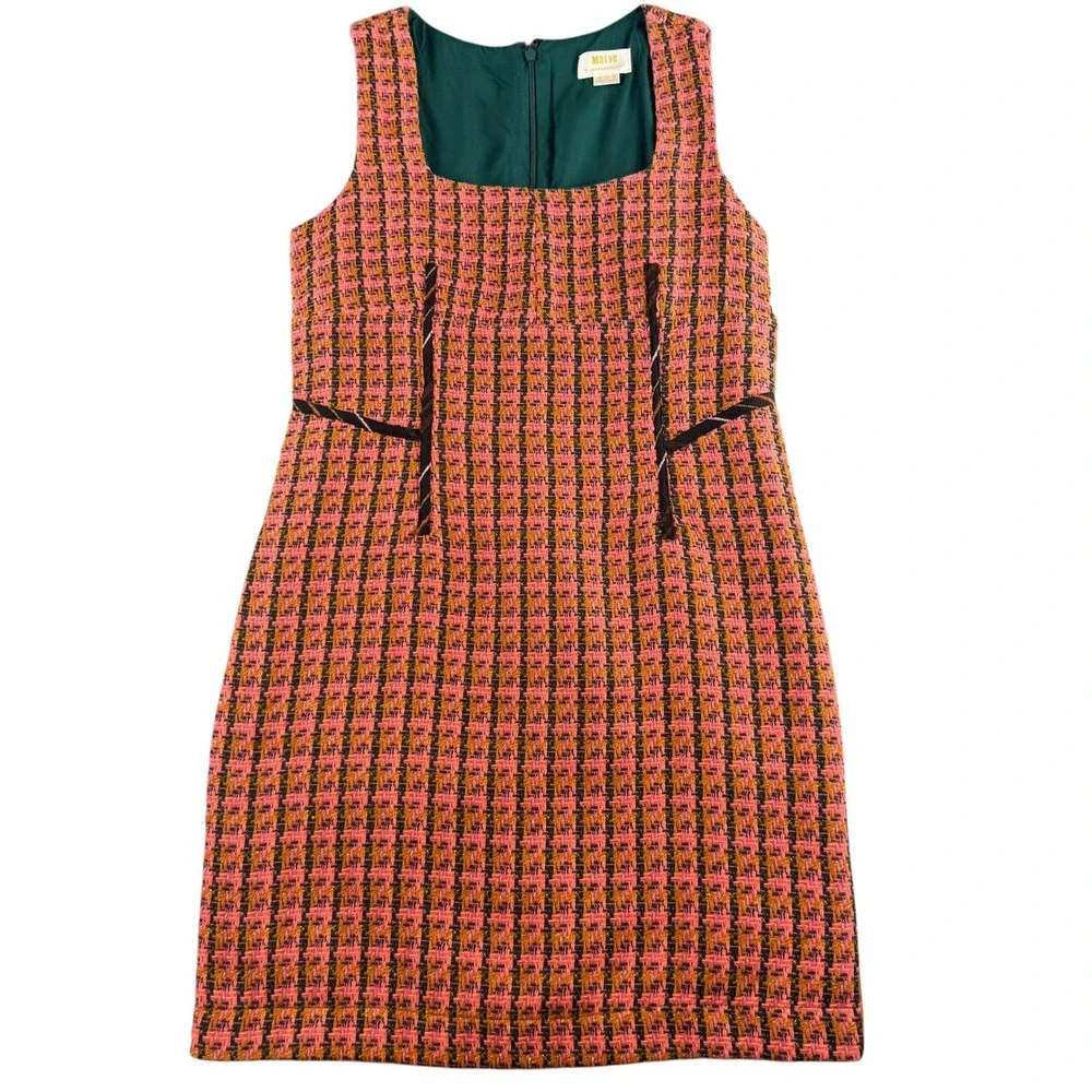 Maeve Anthropologie Pink Orange Houndstooth Tweed Shift Dress Square Neck Size 0